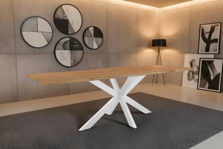 Esstisch 120(200)x80 cm mit Ansteckplatten Baumkante Wildeiche massiv Spider-Gestell weiß SERRA