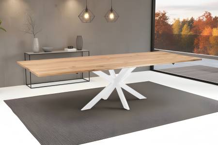 Esstisch 180(280)x90 cm mit Ansteckplatten Baumkante Wildeiche massiv Spider-Gestell weiß SERRA