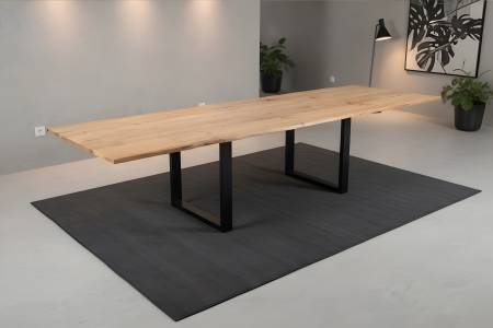 Esstisch 180(280)x90 cm mit Ansteckplatten Baumkante Wildeiche massiv U-Gestell schwarz SERRA