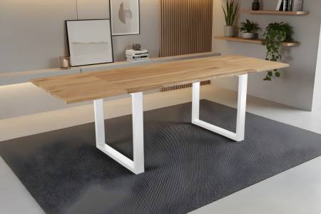 Esstisch 140(220)x80 cm mit Ansteckplatten Baumkante Wildeiche massiv U-Gestell weiß SERRA