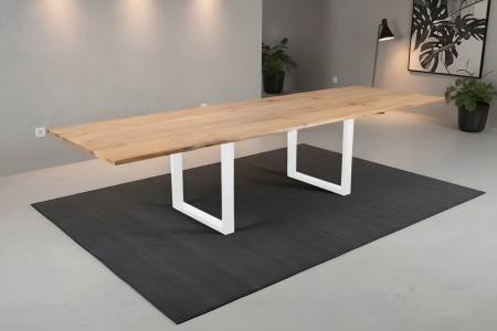 Esstisch 200(300)x100 cm mit Ansteckplatten Baumkante Wildeiche massiv U-Gestell weiß SERRA