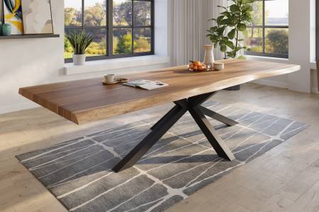 Baumkantentisch 400 x 120 cm Esstisch massiv Akazie Natur Spider-Gestell Schwarz TITAN
