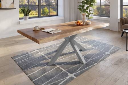 Baumkantentisch 200 x 110 cm Esstisch massiv Akazie Natur Spider-Gestell Silber TITAN