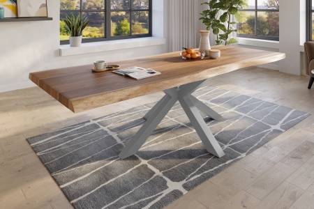 Baumkantentisch 280 x 120 cm Esstisch massiv Akazie Natur Spider-Gestell Silber TITAN