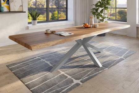 Baumkantentisch 300 x 110 cm Esstisch massiv Akazie Natur Spider-Gestell Silber TITAN