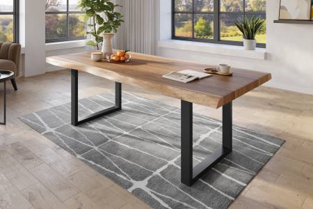 Baumkantentisch 200 x 110 cm Esstisch massiv Akazie Natur U-Gestell Schwarz TITAN