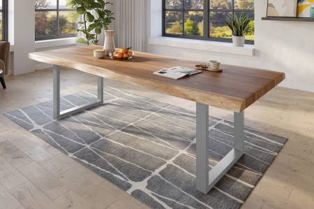 Baumkantentisch 280 x 110 cm Esstisch massiv Akazie Natur U-Gestell Silber TITAN