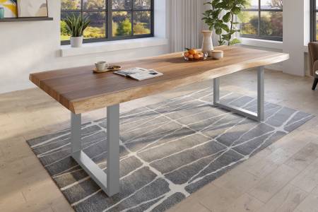 Baumkantentisch 280 x 120 cm Esstisch massiv Akazie Natur U-Gestell Silber TITAN