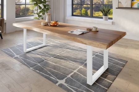 Baumkantentisch 280 x 110 cm Esstisch massiv Akazie Natur U-Gestell Weiß TITAN