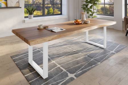 Baumkantentisch 280 x 120 cm Esstisch massiv Akazie Natur U-Gestell Weiß TITAN