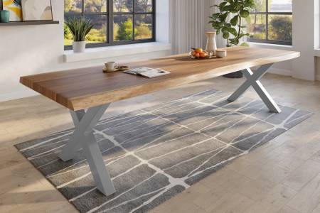 Baumkantentisch 300 x 110 cm Esstisch massiv Akazie Natur X-Gestell Silber TITAN