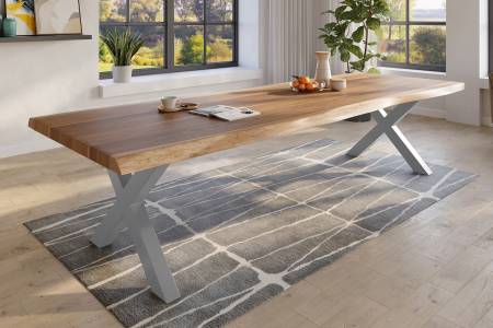 Baumkantentisch 350 x 120 cm Esstisch massiv Akazie Natur X-Gestell Silber TITAN