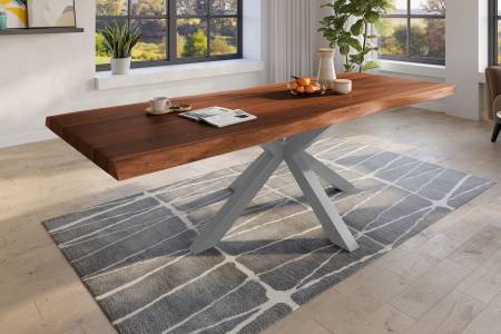 Baumkantentisch 280 x 110 cm Esstisch massiv Akazie Nussbaum Spider-Gestell Silber TITAN