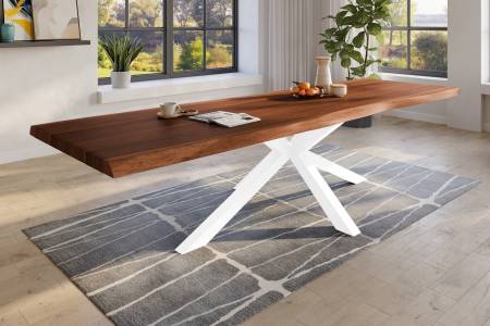Baumkantentisch 300 x 110 cm Esstisch massiv Akazie Nussbaum Spider-Gestell Weiß TITAN