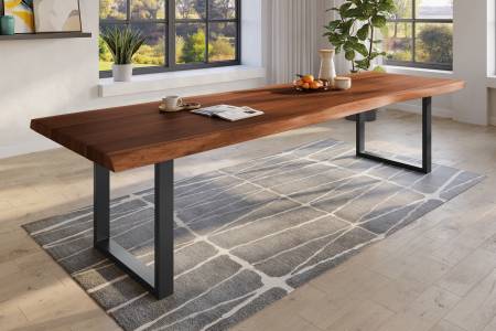 Baumkantentisch 350 x 120 cm Esstisch massiv Akazie Nussbaum U-Gestell Schwarz TITAN