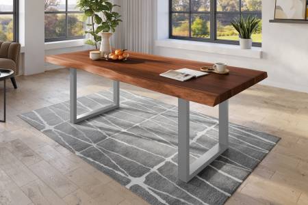 Baumkantentisch 240 x 110 cm Esstisch massiv Akazie Nussbaum U-Gestell Silber TITAN