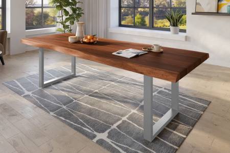 Baumkantentisch 280 x 110 cm Esstisch massiv Akazie Nussbaum U-Gestell Silber TITAN