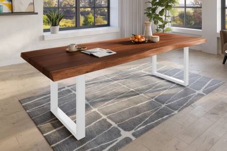 Baumkantentisch 280 x 120 cm Esstisch massiv Akazie Nussbaum U-Gestell Weiß TITAN