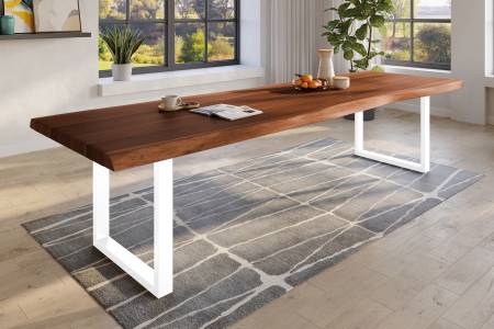 Baumkantentisch 400 x 120 cm Esstisch massiv Akazie Nussbaum U-Gestell Weiß TITAN