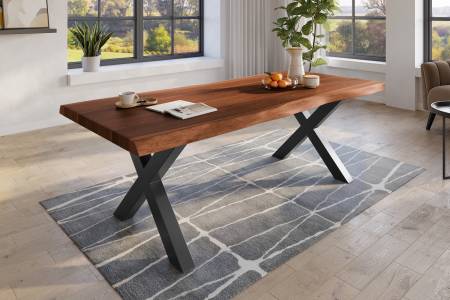 Baumkantentisch 240 x 120 cm Esstisch massiv Akazie Nussbaum X-Gestell Schwarz TITAN