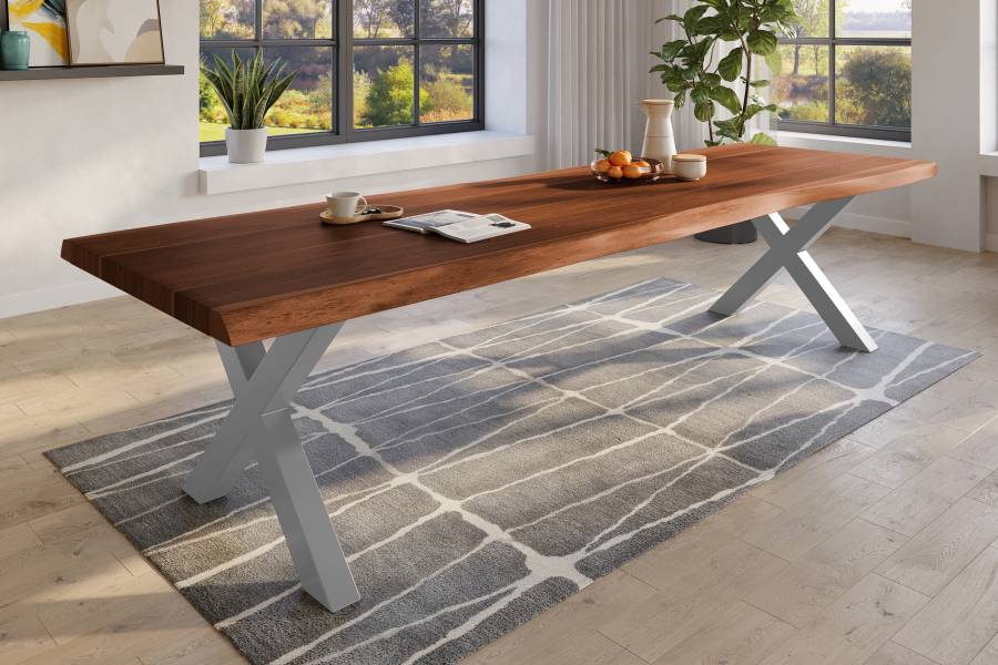 SAM_NEU-Esszimmer-Baumkante-Tische-Titan-Nuss-X-Gestell-Silber-350×120-ML_Titan_350_nuss_X_silber_02