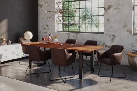 Tischgruppe 7tlg. Baumkante massiv Akazie nougat 200 x 100 schwarz LAURINA