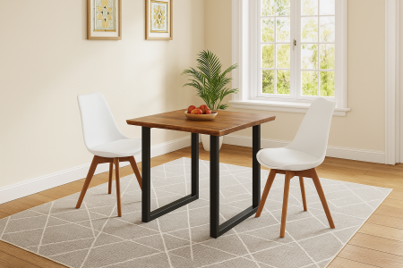 Essgruppe 3tlg. 90 x 90 cm Baumkante Akazie nussbaum massiv 2x Schalenstühle Weiß U-Gestell Schwarz QUINN