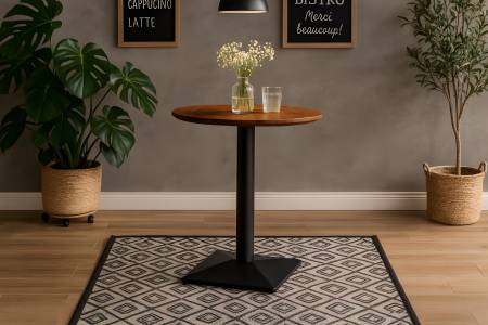 Bistrotisch rund mit Schweizer Kante Akazienholz nussbaum massiv 70 cm Säulengestell schwarz BRASILIA