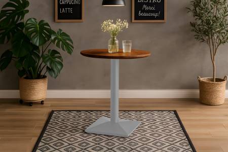 Bistrotisch rund mit Schweizer Kante Akazienholz nussbaum massiv 70 cm Säulengestell silber BRASILIA