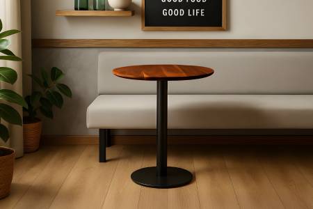 Bistrotisch rund mit Schweizer Kante Akazienholz nussbaum massiv 70 cm Säulengestell schwarz BRASILIAN