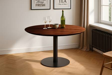 Bistrotisch rund mit Schweizer Kante Akazienholz nussbaum massiv 90 cm Säulengestell schwarz BRASILIAN