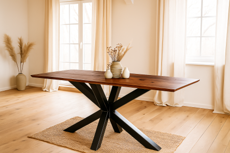 Esstisch 180x90cm Akazie massiv nussbaum Schweizer Kante Spider-Gestell schwarz ABBY