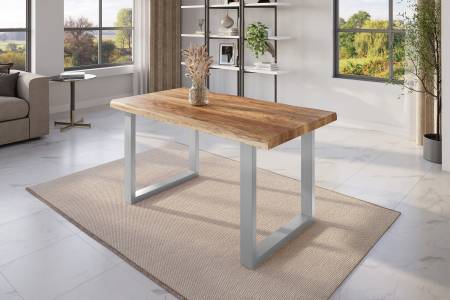 Esstisch Baumkante 120 x 80 cm Mangoholz Rough U-Gestell silber ATLAS