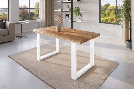 Esstisch Baumkante 120 x 80 cm Mangoholz Rough U-Gestell weiß ATLAS
