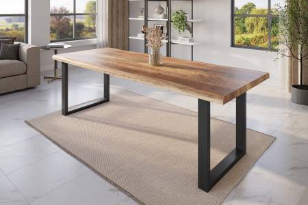 Esstisch Baumkante 260 x 100 cm Mangoholz Rough U-Gestell schwarz ATLAS