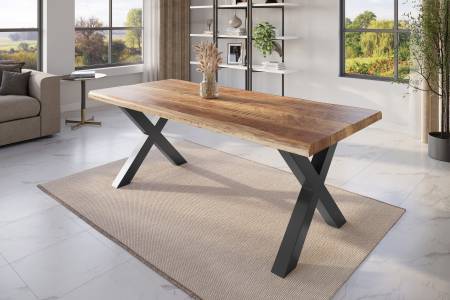 Esstisch Baumkante 240 x 100 cm Mangoholz Rough X-Gestell schwarz ATLAS