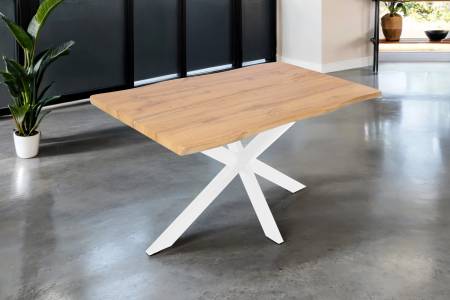 Esstisch 120x80 cm Baumkante Holz Wildeiche-Optik Spider-Gestell Metall weiß DUA