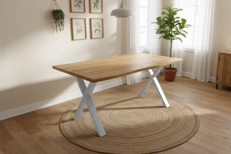 Esstisch 120x80 cm Baumkante Holz Wildeiche-Optik X-Gestell Metall silber DUA