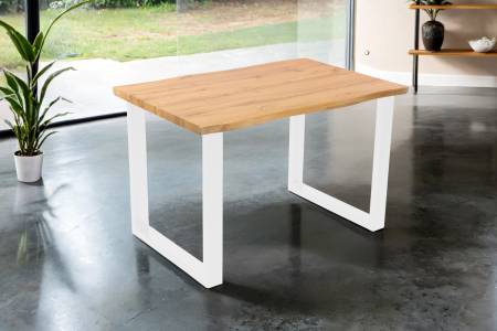 Esstisch 140x80 cm Baumkante Holz Wildeiche-Optik U-Gestell Metall weiß DUA