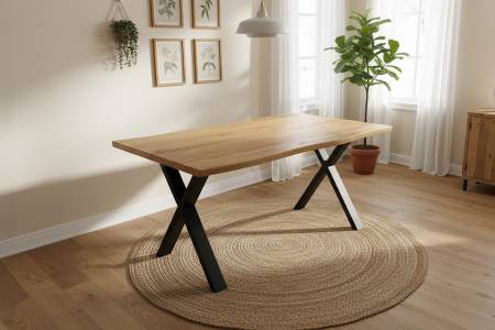 Esstisch 140x80 cm Baumkante Holz Wildeiche-Optik X-Gestell Metall schwarz DUA