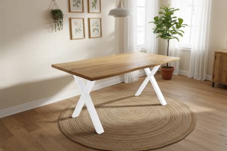 Esstisch 140x80 cm Baumkante Holz Wildeiche-Optik X-Gestell Metall weiß DUA