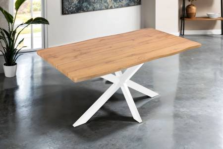 Esstisch 160x85 cm Baumkante Holz Wildeiche-Optik Spider-Gestell Metall weiß DUA
