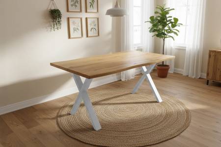 Esstisch 160x85 cm Baumkante Holz Wildeiche-Optik X-Gestell Metall silber DUA