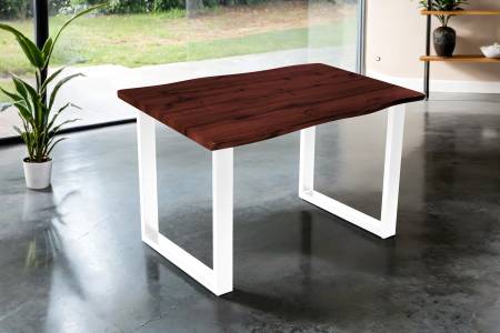 Esstisch 140x80 cm Baumkante Holz Nussbaum-Optik U-Gestell Metall weiß JOSY