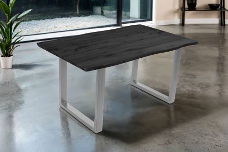 Esstisch 160x85 cm Baumkante Holz Grau-Optik U-Gestell Metall silber JOSY