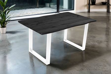 Esstisch 160x85 cm Baumkante Holz Grau-Optik U-Gestell Metall weiß JOSY