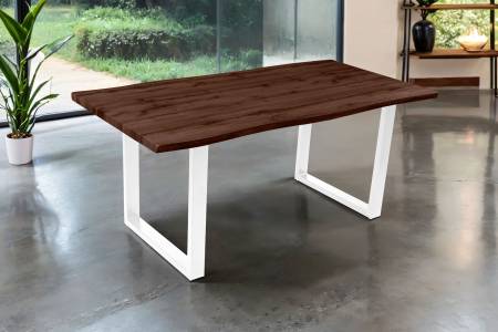 Esstisch 180x90 cm Baumkante Holz Nussbaum-Optik U-Gestell Metall weiß JOSY