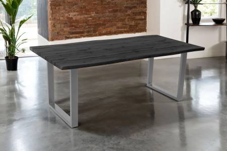 Esstisch 200x100 cm Baumkante Holz Grau-Optik U-Gestell Metall silber JOSY