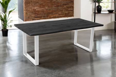 Esstisch 200x100 cm Baumkante Holz Grau-Optik U-Gestell Metall weiß JOSY