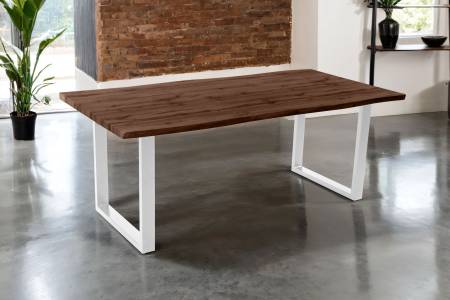 Esstisch 200x100 cm Baumkante Holz Nussbaum-Optik U-Gestell Metall weiß JOSY